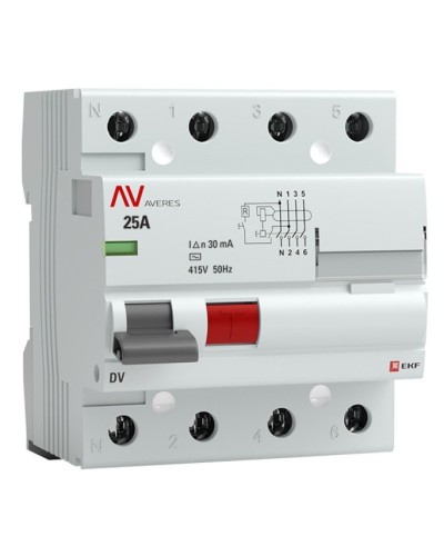 DV 4P 25А/ 30мА (AC)  AVERES (rccb-4-25-30-ac-av). Выключатели дифференциального тока (УЗО). EKF в Братске