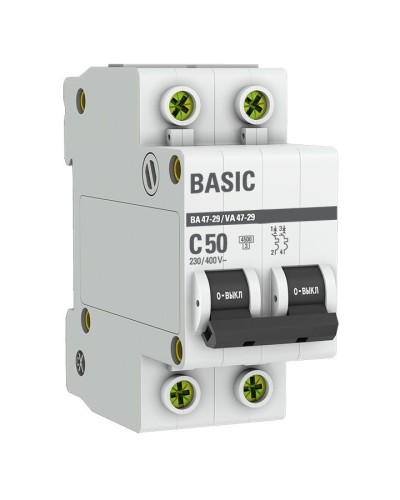 Автоматический выключатель 2P 50А (C) 4,5кА ВА 47-29 Basic (mcb4729-2-50C). Автоматический выключатель. EKF в Братске