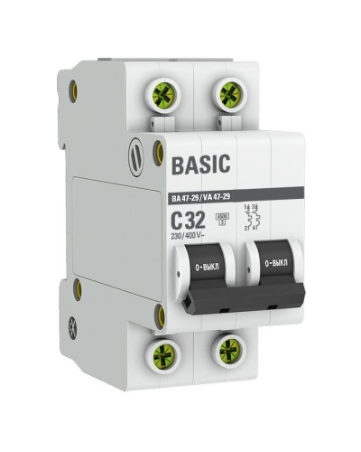 Автоматический выключатель 2P 32А (C) 4,5кА ВА 47-29 Basic (mcb4729-2-32C): Автоматический выключатель в Братске